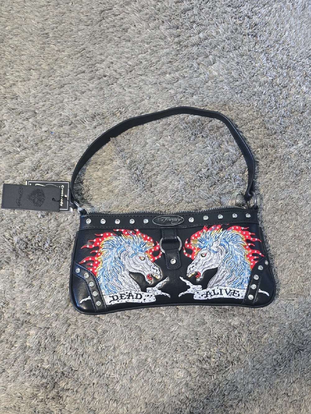 NWT Ed Hardy "Dead or Alive" Studded Shoulder Bag Rhinestone & Horse Graphics